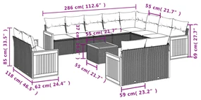 Set divani da giardino 13 pz con cuscini grigio in polyrattan