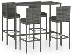 Set da bar da giardino 5 pz con cuscini in polyrattan grigio