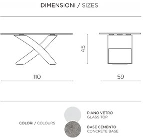 Tavolino piano in vetro ovale TITO con base color CEMENTO