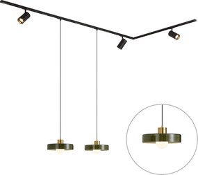 Sistema a binario moderno nero con 2 lampade a sospensione verdi e 3 faretti monofase - Iconic Jeana Luxe Jina