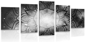 Quadri 5 pezzi – Mandala con sfondo galassia in bianco e nero