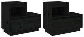 Comodini neri 2 pz 60x34x51 cm in legno massello di pino