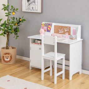 Costway Set di scrivania e sedia per bambini in legno con scaffale armadietto bacheca, Postazione di scrittura Bianco