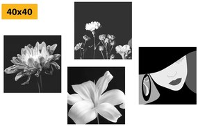 Set di quadri – Eleganza femminile e fiori in bianco e nero