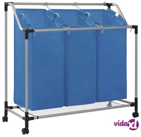 vidaXL Portabiancheria con 3 Scomparti in Acciaio Blu