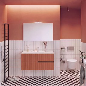 Mobile bagno Eva 100 cm, completo di lavabo in ceramica e specchio a filo con Led, 2 cassetti rovere moka e mattone cannettato