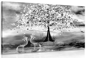 Quadro su tela – Aironi sotto un albero magico in bianco e nero