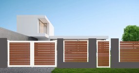 Cancello automatico battente Maia120-20 ALBA in alluminio rovere dorato telaio bianco, apertura centrale, L 300 x H 160 cm