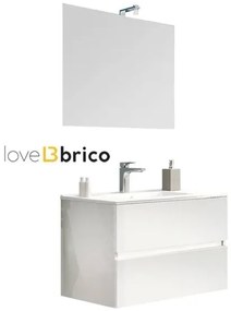 Mobile da bagno sospeso 80 cm con lavabo, specchio e led bianco lucido