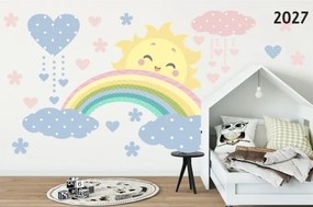Bellissimo adesivo da parete in colori pastellocon sole, arcobaleno e nuvole 150 x 300 cm