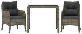 Set da pranzo da giardino 3 pz con cuscini in polyrattan grigio