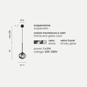 Lampada a sospensione JEWEL in metallo e vetro soffiato D17 cm 1 Luce Nero