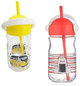 Trade Shop - Bicchiere In Vetro Con Cannuccia Bambini Con Coperchio E Manico Colorato 370 Cc