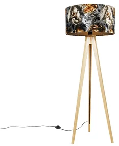 Lampada da terra a treppiede naturale con paralume floreale 50 cm - Tripod Classic
