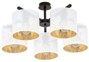 Plafoniera Industrial 5 Luci Jordan In Acciaio Bianco E Paralumi A Cilindro Oro