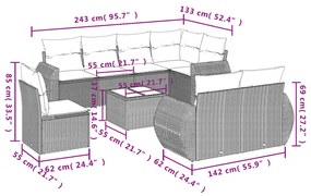 Set divano da giardino 9 pz con cuscini grigio in polyrattan