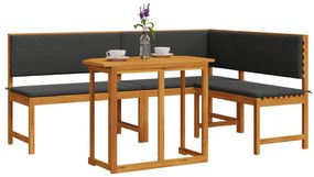 Set bistro da giardino 3 pezzi con cuscini in legno massello di acacia