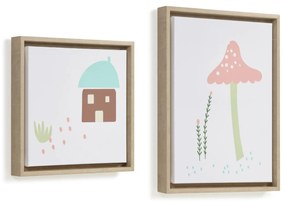 Kave Home - Set Leshy di 2 quadri casa azzurra e fungo rosa 30 x 30 cm / 30 x 40 cm