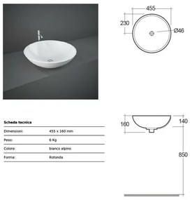 Lavabo da appoggio tondo 45,5x16 cm a ciotola Rak modello Diana