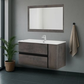 Mobile Bagno Sospeso 112 Cm Due Cassetti Un Anta Specchio Su Pannello 90x70 Cm Feridras "Oxid" Ossido Grigio