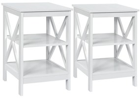 Costway Set di 2 Tavolini a 3 ripiani da soggiorno Comodini in legno con mensola 40X40X61cm Bianco