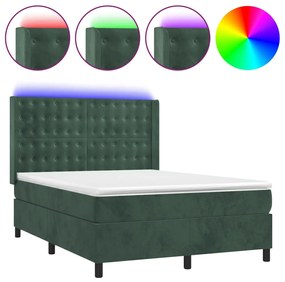 Letto a molle con materasso e led verde scuro 140x190cm velluto