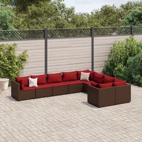 Set divani da giardino 9pz con cuscini marrone in polyrattan