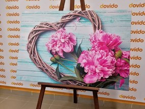 Stampa su tela – Peonie su cuore di legno