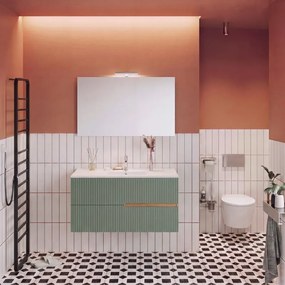 Mobile bagno Eva 100 cm, completo di lavabo in ceramica e specchio a filo con Led, 2 cassetti rovere naturale e verde salvia cannettato.
