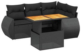 Set divani da giardino 5 pz con cuscini in polyrattan nero