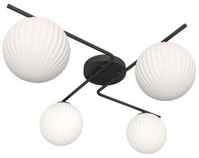 Plafoniera Moderna 4 Luci Ra Acciaio Nero E Diffusori In Vetro Rigato Opale