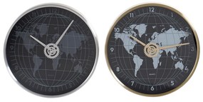 Orologio da Parete DKD Home Decor Nero Alluminio Vetro Dorato Argentato Mappamondo (2 pezzi) (30 x 4.3 x 30 cm)