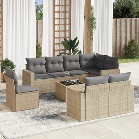 Set Divano da Giardino 9 pz con Cuscini Beige in Polyrattan