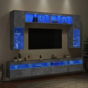 Set Mobili TV a Muro 8 pz con Luci LED Grigio Cemento