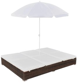 Lettino prendisole con ombrellone in polyrattan marrone