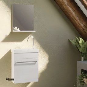 Mobile Bagno Sospeso "Perla" Salvaspazio Da 42 Cm Con Un'Anta Lavabo E Specchio Con Mensola Finitura Rovere Bianco