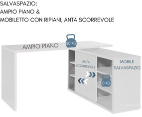 Scrivania Angolare Pc Ufficio Tavolo per Computer con Mobiletto Salvaspazio 1 Anta 6 Ripiani, in Legno cm 150x120x74