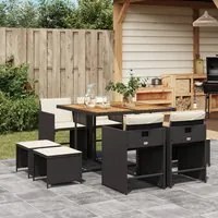 Set da Pranzo da Giardino 9 pz con Cuscini Nero in Polyrattan 3211143