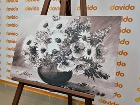 Stampa su tela – Dipinto a olio di fiori estivi in bianco e nero