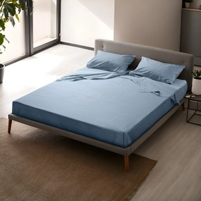 Completo letto matrimoniale righe azzurro in raso