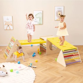 Costway Set attrezzature da gioco al coperto per bambini, Triangolo di arrampicata montessori e cubo con scivolo in legno