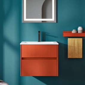 Mobile bagno sospeso con lavabo Niwa 2 cassetti per vasca centrale, laccato opaco paprika con vetro paprika cannettato