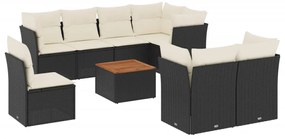 Set divani da giardino 9 pz con cuscini nero in polyrattan