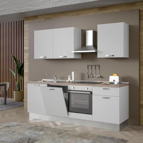 Cucina montata Dora bianco spatolato, lavello a sinistra, L 240 cm, completa di: cappa a camino, piano cottura a induzione, forno e lavastoviglie