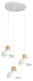 Sospensione Nordica 3 Luci Thoth Base Tonda In Acciaio Bianco E Legno Naturale