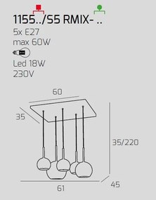 Sosp. bianco rettangolare 5 luci vetri (1 grande am+1 medio am+3 pi...