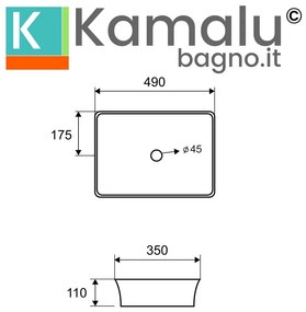 Kamalu - lavabo appoggio rettangolare 49 cm con bordi arrotondati | klit-4900