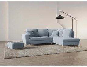 Divano angolare azzurro allungabile e con contenitore (con penisola a destra/a L) con rivestimento in velluto Kyoto – Cosmopolitan Design