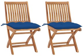 Sedie da giardino 2 pz con cuscini blu in massello di teak