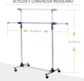 Stender Appendiabiti Larghezza e altezza regolabili con Ruote in Acciaio Inox 160x170 cm...